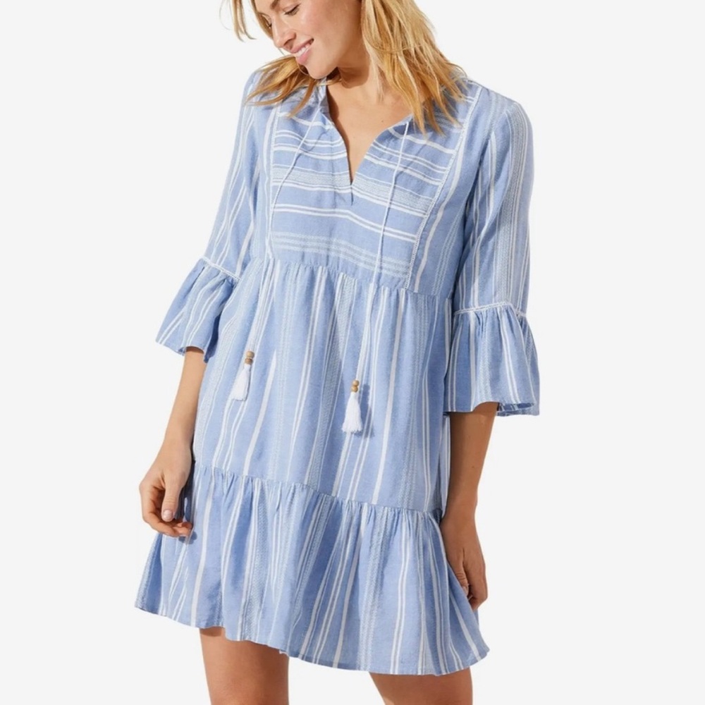 Tommy Bahama Blue Striped V-Neck Dress Medium EUC